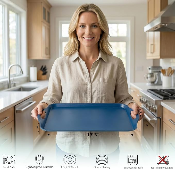KINGEN 2-Pack Navy Blue Bamboo Fiber Serving Trays - 17.3×12.2-inch Extra Large w/Handles Tray, Platters for 4th of July, Christmas, BBQ, Picnic, Outdoor Dining - Durable, Lightweight (Classic Blue)