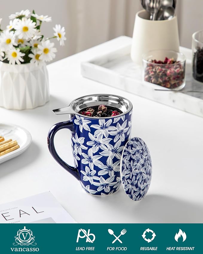 vancasso SELENE Porcelain Tea Mug, 18 oz Porcelain Tea Cup with Infuser and Lid Steeps Loose Leaf Tea, Microwave & Dishwasher Safe, Blossom Cluster