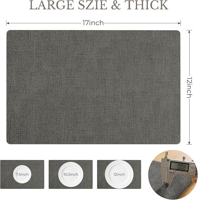 Romanstile Vinyl Placemats Set of 4-12 X 17 Inch - Faux Leather 100% Waterproof Wipeable Anti Slip Place Mats, Heat Resistant Reversible PU Table Mats for Kitchen Dining Party Outdoor, Dark Grey