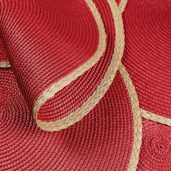 Round Placemats Set of 4, Woven Table Mats, Thin Edge, Red | Braided Paper Edge, 15 Inch Diameter, Fits Dinner Plate and Flatware, Wipeable, Heat Resistant, Indoor Dining, Outdoor Patio