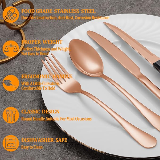 36 Pcs Rose Gold Silverware Set with Steak Knives, Stainless Steel Flatware Cutlery Set for 6, Kitchen Tableware Sets, Utensil Sets for Home and Restaurant, Dishwasher Safe
