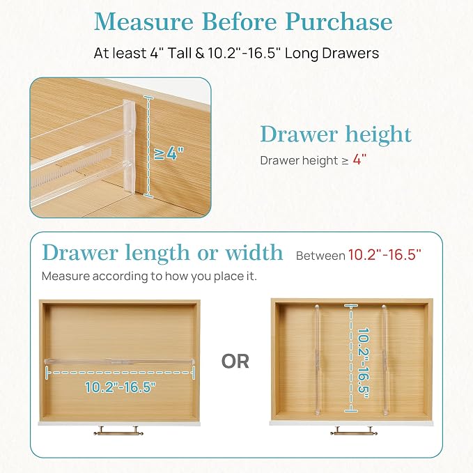 Vtopmart 8 Pack Drawer Dividers for Clothes, 4" High 10.2"-16.5" Adjustable Expandable Dresser Drawer Organizer, Clear Plastic Separators for Dresser, Baby Clothing, Underwear, Cosmetic, Toiletries | Expandable Dresser Drawer Organizer, Clear Plastic S...
