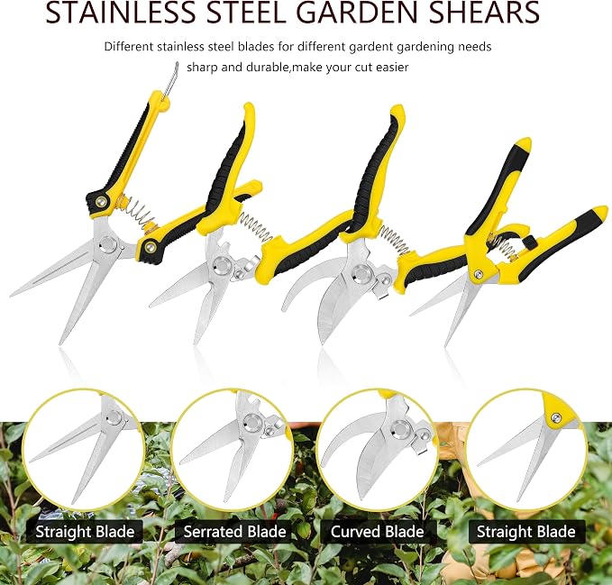 5 pack Garden Pruning Shears Stainless Steel Blades, Handheld Scissors Set with Gardening Gloves,Heavy Duty Garden Bypass Pruning Shears,Tree Trimmers Secateurs, Hand Pruner (Yellow and Black)