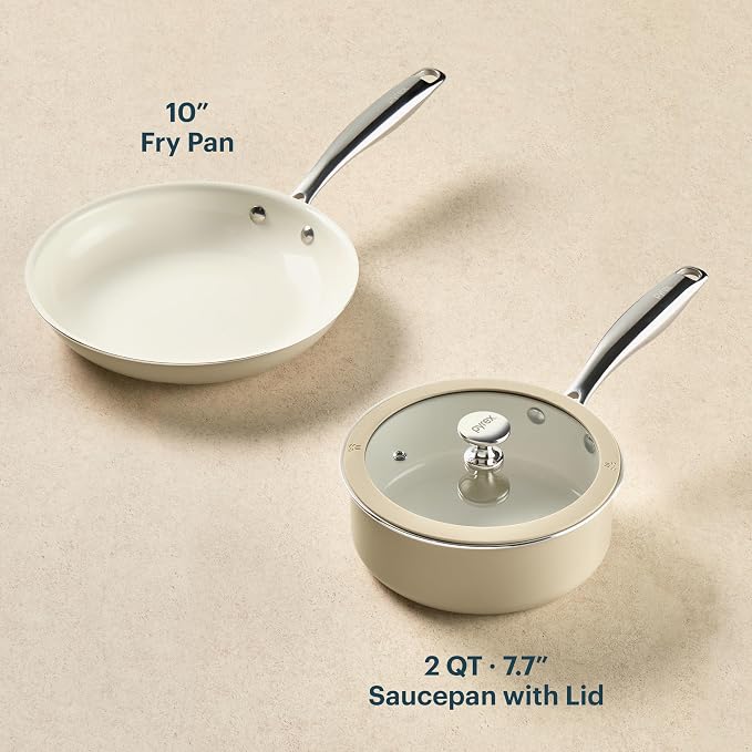 Pyrex 3-Piece Ceramic Cookware Fry Pan & Saucepan Set with Lid & Handles | Healthy nonstick ceramic coating, induction compatible stainless steel, PFAS Lead Cadmium BPA Free