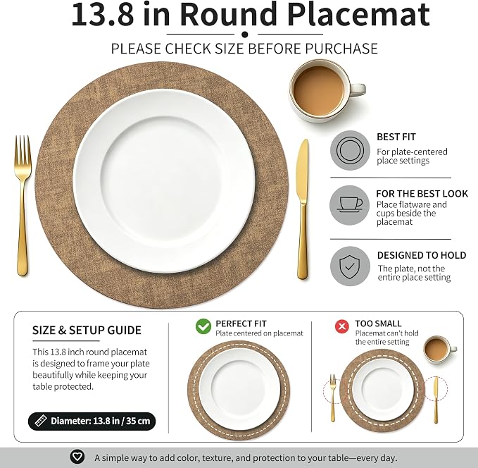 Maxpearl Faux Leather Round Placemats Set of 6, 13.8 inch, Brown | Waterproof, Heat Resistant, Non Slip, Wipe Clean Dining Table Place Mats, Suitable for Indoor & Outdoor Use, Table Settings