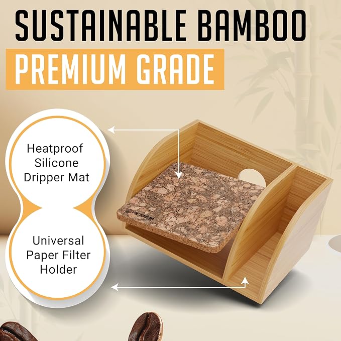 Pour Over Caddy with Lid for Chemex Bodum Cosori Coffee Makers Cork | Handmade Bamboo Stand, Lid, Filter Holder, Heatproof Mat for a Cleaner Coffee Station