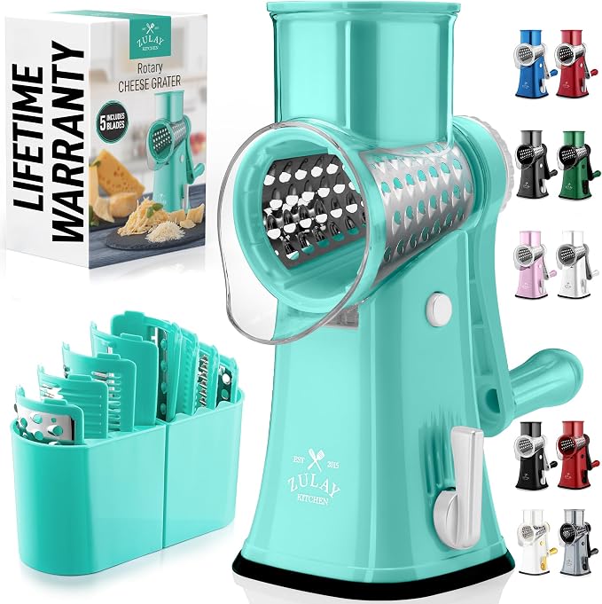Zulay Kitchen Rotary Cheese Grater 5 Blade Cheese Shredder - Manual Hand Crank Cheese Grater With Reinforced Suction & 5 Interchangeable Drums - Easy to Use, Vegetable Chopper Round Mandoline Slicer
