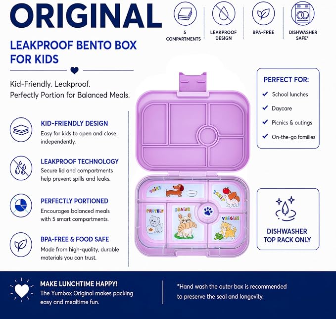 Yumbox Original Leakproof Bento Lunch box - Ami Purple | 5 Compartments + Dip Well, Easy-Open Latch, Just Right Portions, Removable Illustrated Tray Cats & Dogs