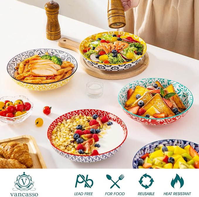 vancasso 8.5" Pasta Bowls Set of 6, 40 oz Porcelain Shallow Salad Bowls, Serving Bowls Pasta Dishes Plates Large Kitchen Bowl Plates, Vivid Floral Design, Microwave Safe, Series SELENE
