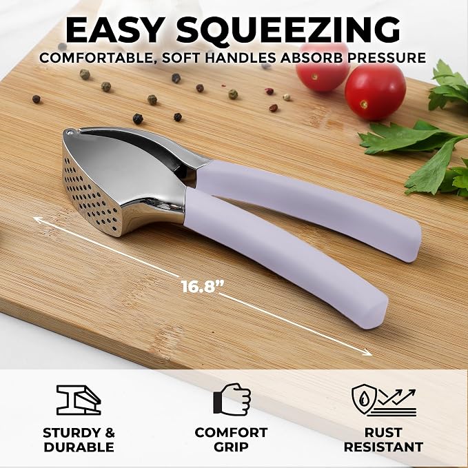 Zulay Kitchen Metal Comfort Grip Garlic Press | Garlic Mincer Tool - Garlic Crusher - Rust Proof Garlic Press, Ergonomic Handle, Easy Clean with Peeler and Brush - Lavender