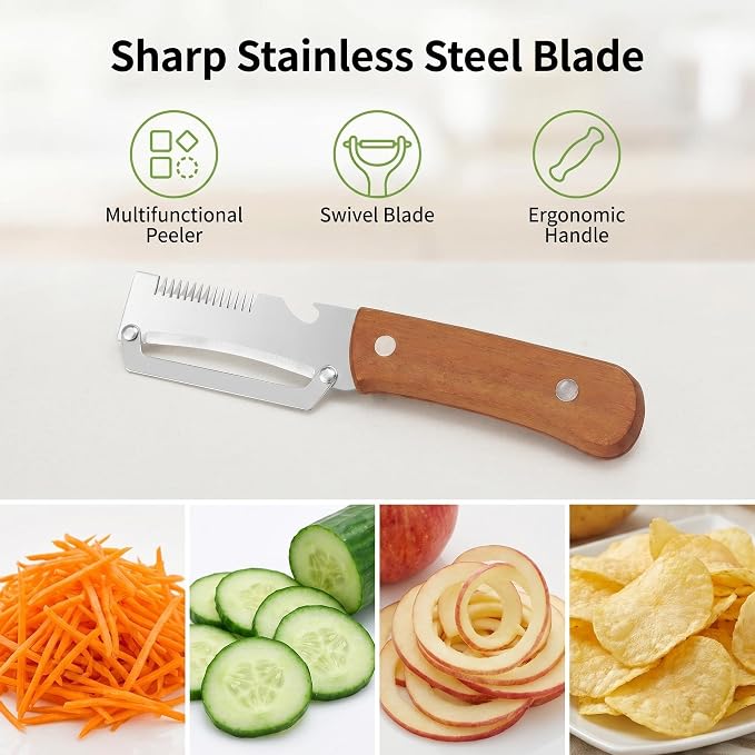 Elite Peeler and shredder, Stainless Steel Blade Thickened Heavy Duty, 0.2 ib Stable Grip, Wooden Handle Kitchen Peeler for Potato, Carrot, Cucumber, Apple, Multi-Functional Peeler Tool(2 Pack)