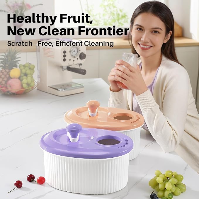 JOYMOOP Fruit Washer Spinner, Fruit Cleaner Spinner with Crank Handle, Hands-Free Fruit & Vegetable Washing Bowl, Manual Fruit Scrubber, Light Lavender