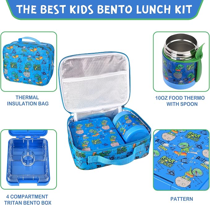 Pawtong Bento Lunch Box Set With 10oz Soup Thermo, Leak-proof Lunch Containers with 4 Compartment, Kids Hot Thermo Food Jar/Insulation Lunch Bag, Food Containers for School（Dinosaur）