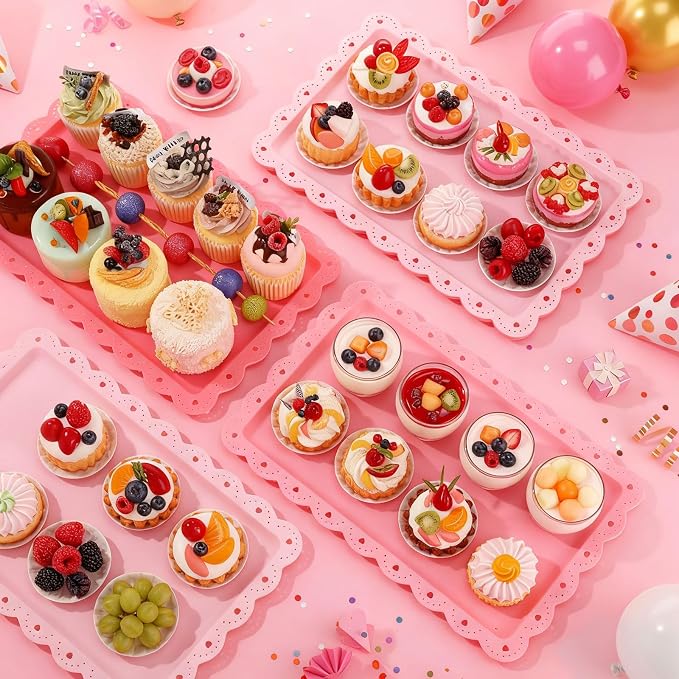 6 Pcs Pink Serving Trays Plastic Platters Dessert Cupcake Holder Party Supplies 14.4 x 9.3 Inches Rectangular Cookie Snack Display Tray for Wedding Restaurant