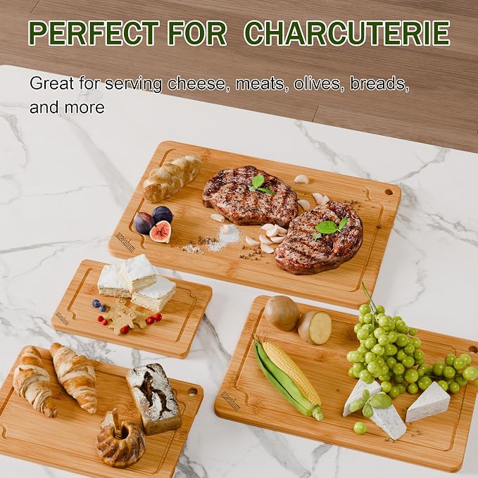 4-Piece Bamboo Cutting Board Set Serving Tray Juice GroovesHandles | Ideal for Meat Vegetables Fruit,Easy Storage & Quick Clean,Natural Wood Construction,Dual-Purpose as Serving Tray