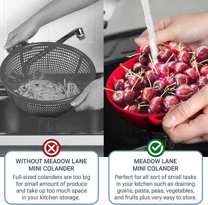 Meadow Lane 6-Inch Small Colander, 3-Cup Food Strainer, Cardinal Red | BPA-free, dishwasher-safe mini colander has a wide, shallow bowl, 1/8-inch holes, two handles, ring foot and smooth edges.