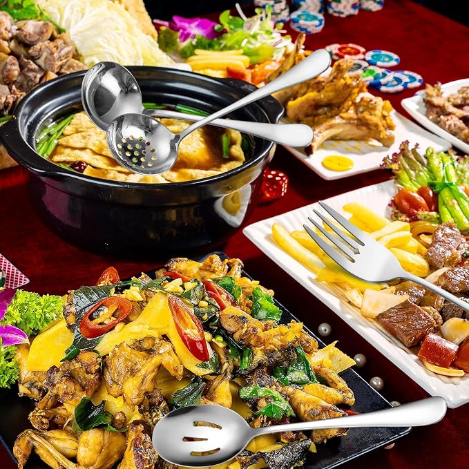 Stainless Steel Serving Utensil Set 10-Piece Buffet Flatware Catering Silverware with Bread Tong,Cake Spatula,Serving Ladles,Salad Fork,Cheese Knife,Large Spoon for Parties Buffet