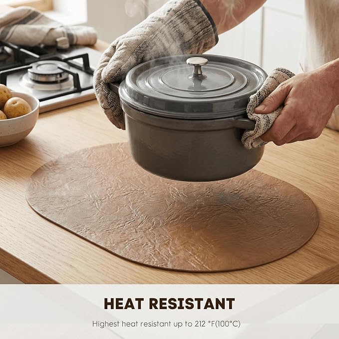Artoid Mode Brown Faux Leather Oval Placemats Set of 6, 12 x 18 Inch Waterproof Wipeable Heat Resistant Vinyl Place Mats, Reversible Table Mats for Kitchen Dining Decor