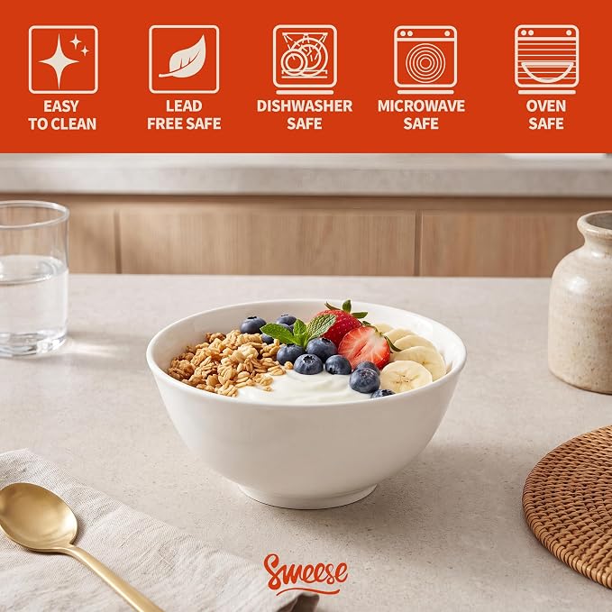 Sweese 10 oz Ceramic Bowls Set of 6, White 4.5 Inch Cereal Bowls for Yogurt, Fruit, Dessert, Oatmeal and Snacks, Stackable Small Serving Bowls for Breakfast and Everyday Use