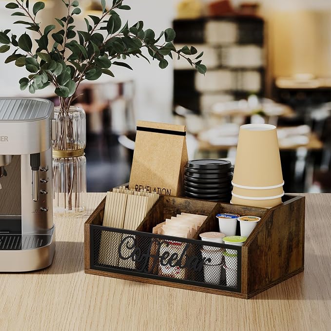 YINMIT Coffee Station Organizer for Countertop, Wood Coffee Bar Organizer with Removable Dividers for Pods, Syrup, Cups, Stirrer, Tea - Office Coffee Bar Accessories, Iron Mesh-Vintage Brown