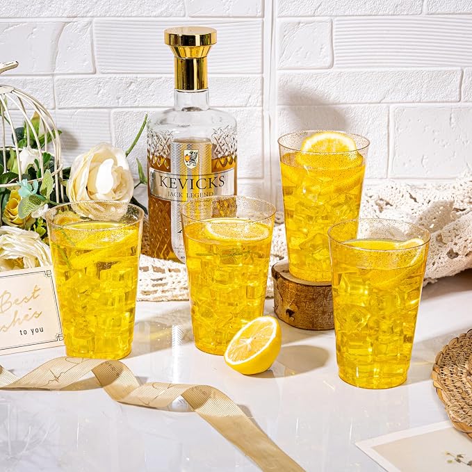 I00000 50 Pack 14 oz Gold Plastic Cups, Disposable Tumblers Gold Glitter Plastic Cups, Disposable Wine Glasses Cocktail Glasses Perfect for Wedding & Party