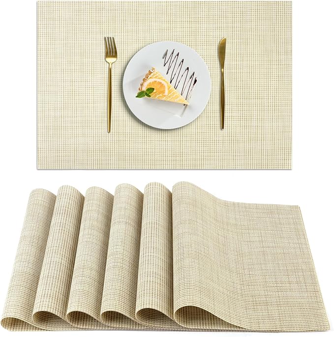 AUAUY Placemats Set of 6, Non-Slip Heat Resistant Table Mats, Beige | 6pcs PVC Vinyl Woven Table Placemats Washable for Kitchen Dinning Restaurant, Farmhouse