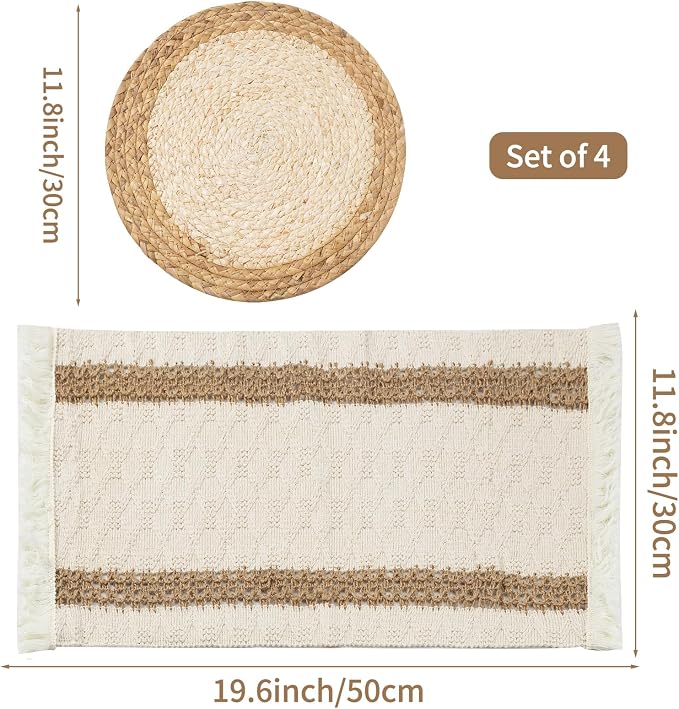 Handmade Boho Placemats Set of 4 | Natural Woven & Fabric Cotton Combo Table Mats | 8-Piece Versatile Place Mats | Rustic Farmhouse Style Dining Table Decor