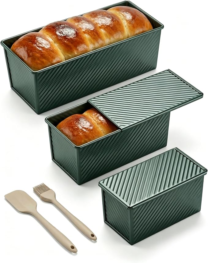 CARTMAN 3-Piece Pullman Loaf Pan with Lid, 2.2/1/0.8 LB Bread Pan, Green | Includes 2.2/1/0.8 LB sizes & silicone tools, bottom vents, nonstick carbon steel, nesting storage, for bread & brownies