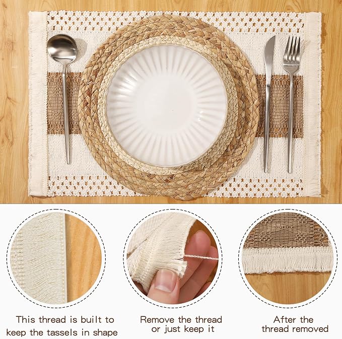 Handmade Boho Placemats Set of 6 | Natural Woven & Fabric Cotton Combo Table Mats | 12-Piece Versatile Place Mats | Rustic Farmhouse Style Dining Table Decor