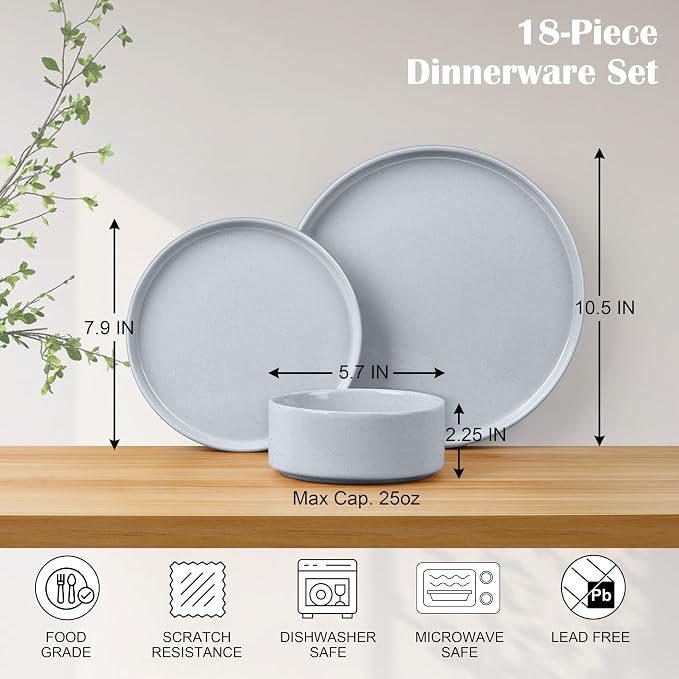 E-far Dinnerware Sets for 6, 18-Piece Stoneware Plates and Bowls Set, Gray | Modern Kitchen Dining Dishware, Chip and Scratch Resistant, Microwave & Dishwasher Safe, Speckled Gray