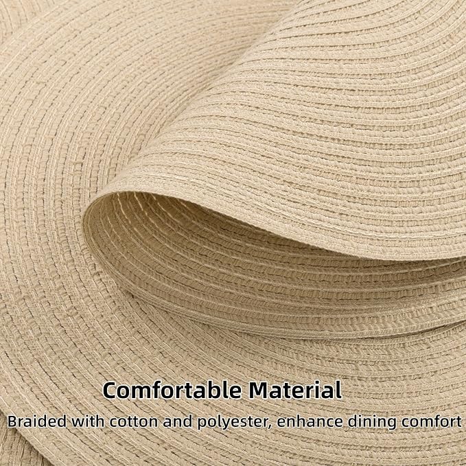 SHACOS 15 inch Round Braided Placemats Set of 6 Cotton Polyester Heat Resistant Table Mats Washable Place Mats for Dinner Party Table Decoration (Light Beige, 6)