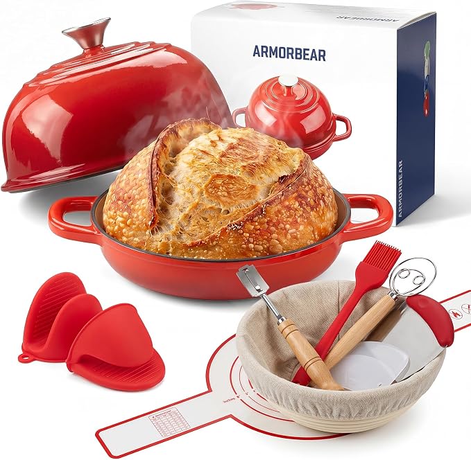 5QT Enameled Cast Iron Sourdough Bread Oven & Starter Kit, Red | Tight-fitting Dome Lid Helps Retain Steam, Baking Kit Supports Proofing, Scoring & Dough Transfer, Complete Artisan Bread Set