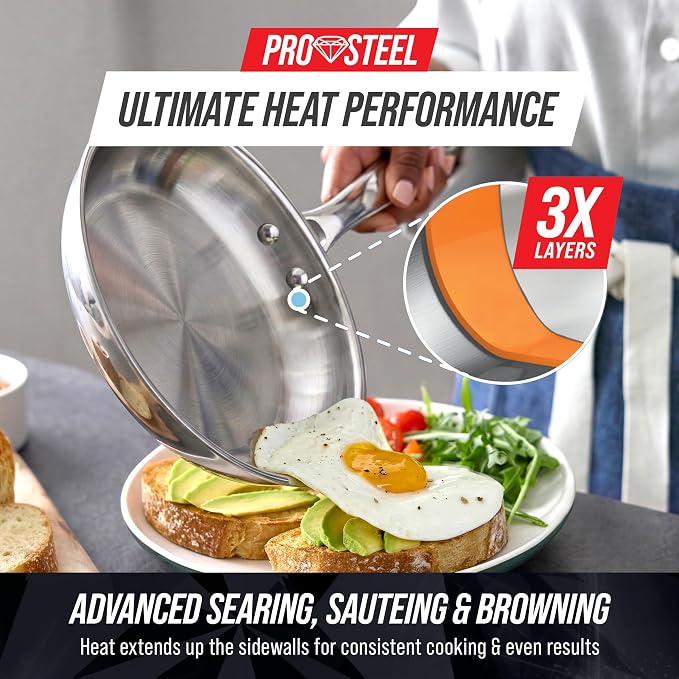 Blue Diamond Pro Steel 8" Tri-Ply Stainless Steel Frying Pan Skillet | Multi Clad Skillet, Induction & All Stovetop Suitable, Mirror Polished Finish, Dishwasher Safe, Oven Safe to 850F, Silver