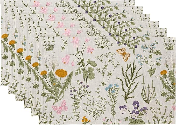 QIYI Boho Table Placemats Set of 6, 12"x18" Linen Place Mats, Wildflowers | Fabric Place Mats for Kitchen Dinning, Farmhouse Rustic Cloth Table Mats, Washable Placemat Party Table Décor
