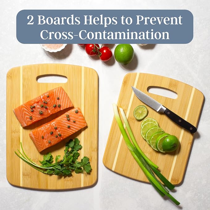 Totally Bamboo 2-Piece Cutting Board Set; 2 Assorted Sizes of Bamboo Wood Cutting Boards for Kitchen | Large and medium wood chopping boards. Everyday prep for produce, meat, fish and poultry. Built-in handle holes for storage.