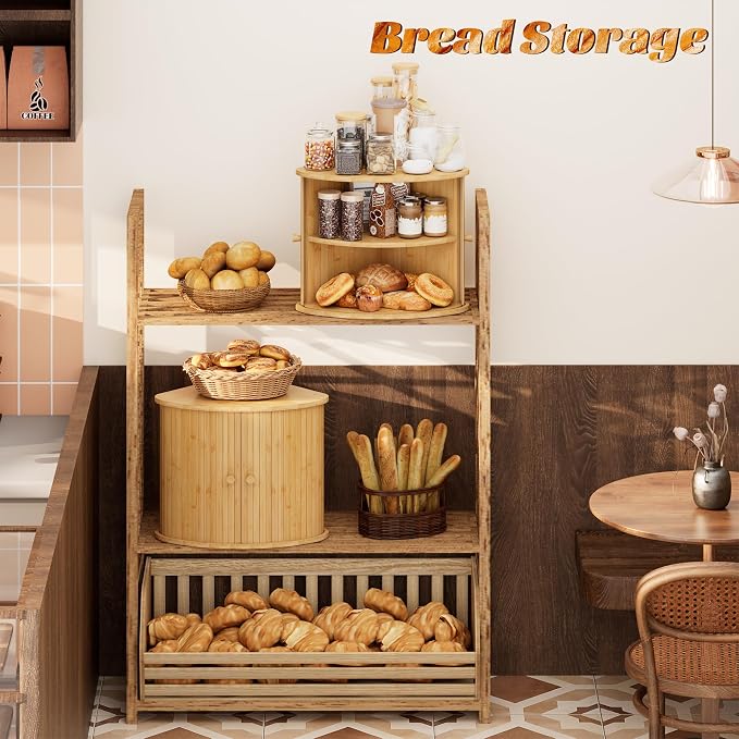 Corner Bread Box for Kitchen Countertop, Solid Bamboo Wood Bread Box, Two Layer Wooden Bread Storage Capacity