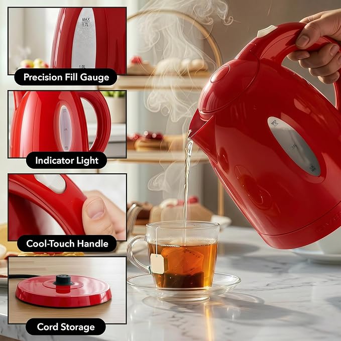 OVENTE 1.7L Electric Kettle with 1100W Fast Boiling Water, Red KP72R | Best For Coffee or Tea, BPA-Free, Water Level Gauge, Auto Shut-Off, Indicator Light, Boil-Dry Protection & Removable Filter