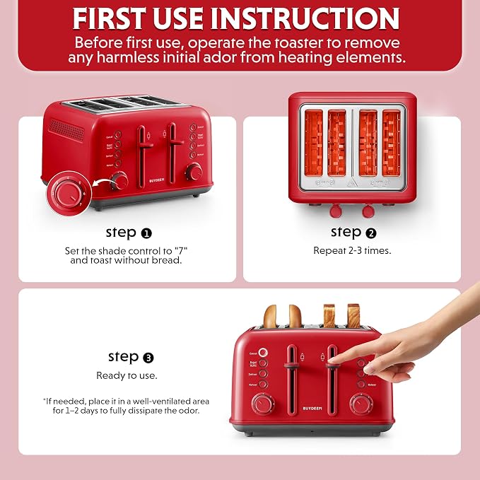 BUYDEEM DT640 4-Slice Toaster, 7 Shade Settings, Extra Wide 1.5’’ Slots for Bagel & English Muffin, 6 Toasting Functions, Retro Stainless Steel Toaster with High Lift Lever, 1800W, Red