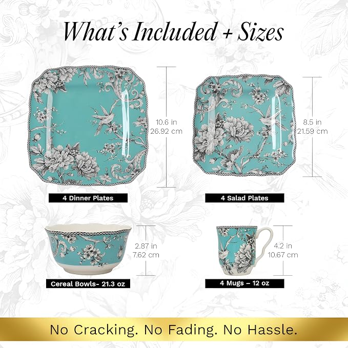 222 Fifth Adelaide Turquoise 16-Piece Porcelain Dinnerware Set | Microwave and Dishwasher Safe Dining Set for 4 | Stackable and Chip-Resistant Plates Bowls and Cups | Gift for Housewarming & Wedding