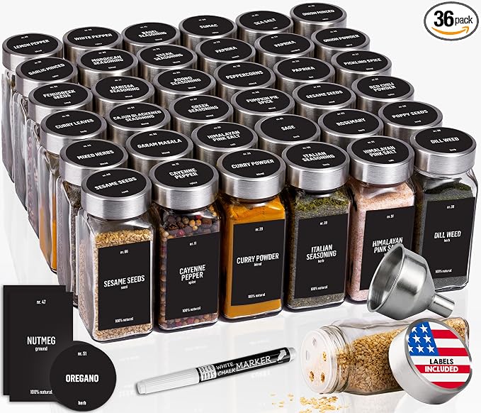Deco haus Glass Spice Jars with Stainless Steel Lids 36 x 4oz [LABELS incl] Spice Containers with 280 Labels, Funnel & Chalk Marker - Empty Herb Seasoning Containers, Small Seasoning Bottles for Herb