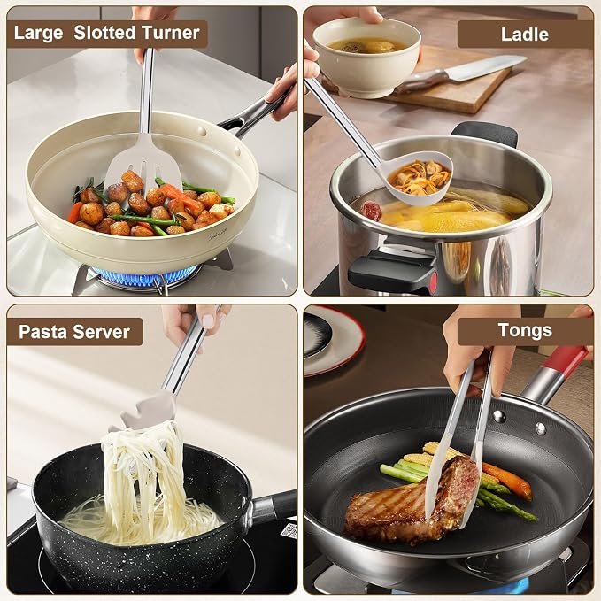 Vayvnt Kitchen Utensil Set, Silicone Utensils Dishwasher Safe, 8PCS, Khaki | Cooking Utensils Set for Non-Stick Cookware, NonToxic, Plastic-Free, Heat Resistant Up to 480℉, Cooking Spoons Spatula Tongs