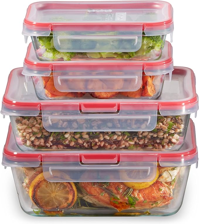 Pyrex Freshlock (4-Pack) Mixed Sized Glass Food Storage Containers Set | Meal prep containers with airtight locking lids, meal prep, dishwasher & microwave safe
