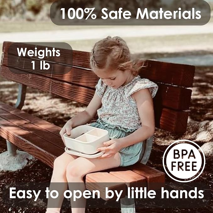 Ali+Oli Silicone Bento Box for Kids, Lunch Container for Toddler Daycare | BPA-Free; Spill-Proof Lid; Three Compartments for Food Separation; Portion Control; Snack Storage; Travel Friendly
