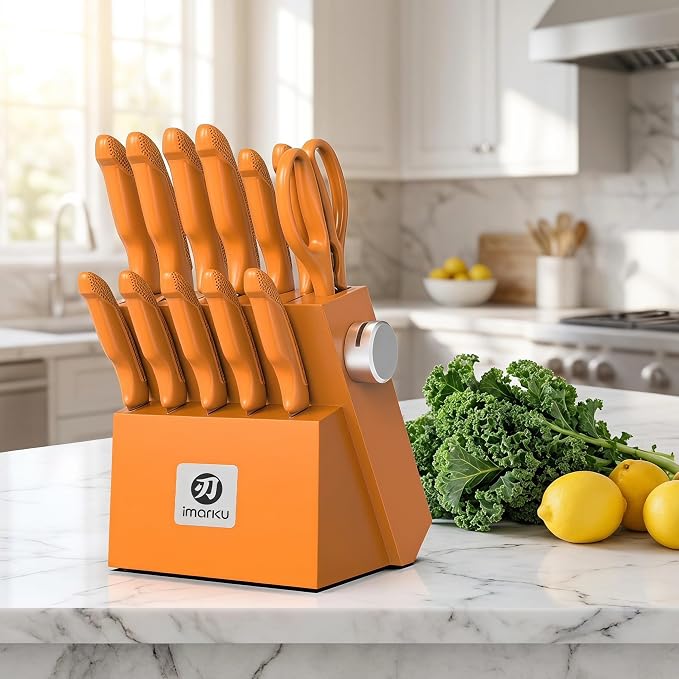 imarku 14-piece Japanese knife set, sharp, non-slip, gift box, yellow | High-carbon stainless steel, built-in sharpener, space-saving design, ideal for everyday cooking and as a gift