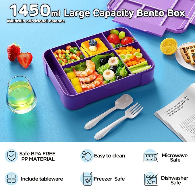 Lunch Box Kids Bento Box - 1450ml Large Leakproof 6 Compartments Kids Lunchbox Toddler Bento Box with Utensils for Back to School,Book-Style Reusable Lunch Snack Containers for Daycare
