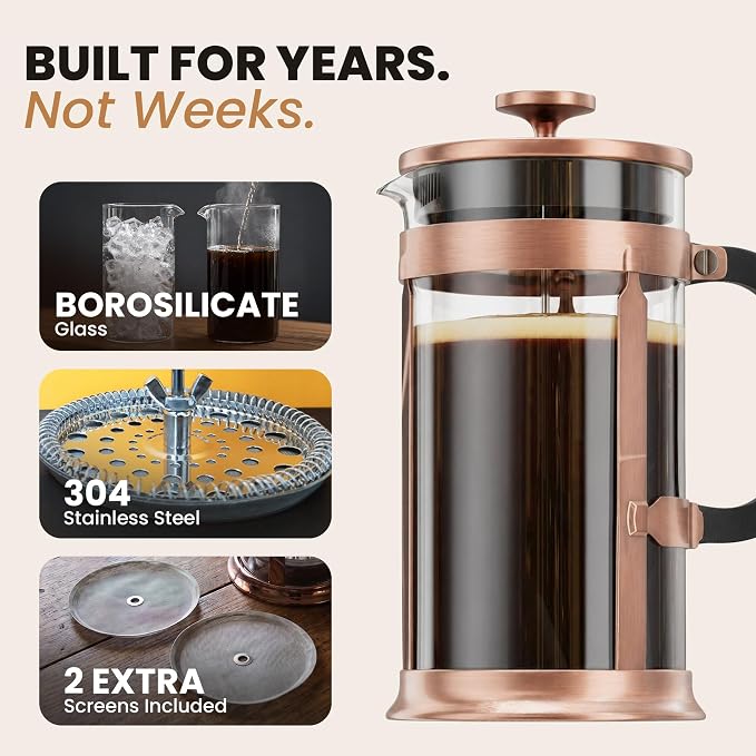 EzDtach Glass French Press Coffee Maker 34oz Copper – Double Filter | Borosilicate Glass Pot, 304 Stainless Steel Coffee Press & 2 Extra Screens, Easy to Use & Clean Design for Full-Bodied Flavor
