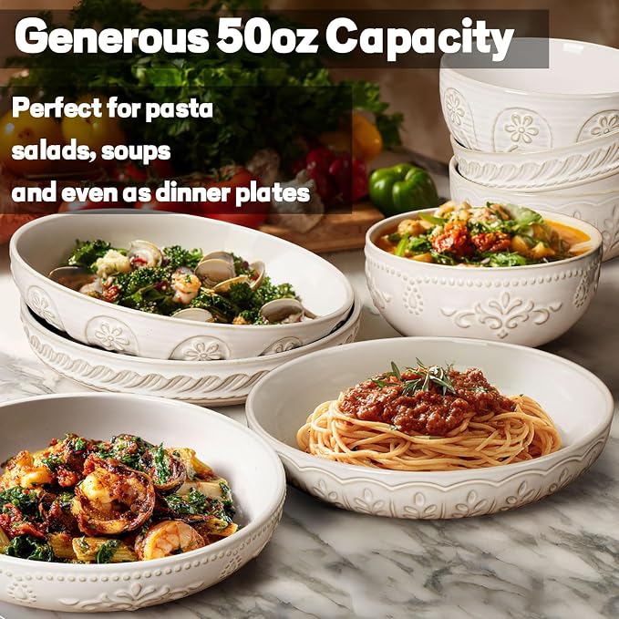 Pasta Bowls, 50oz Large Salad Serving Bowls, 9.75'' Plates Bowls Set of 4, Big White Ceramic Soup Bowls for Kitchen, Embossment Shallow Dinner Bowl, Microwave Dishwasher Safe, Willow Leaf