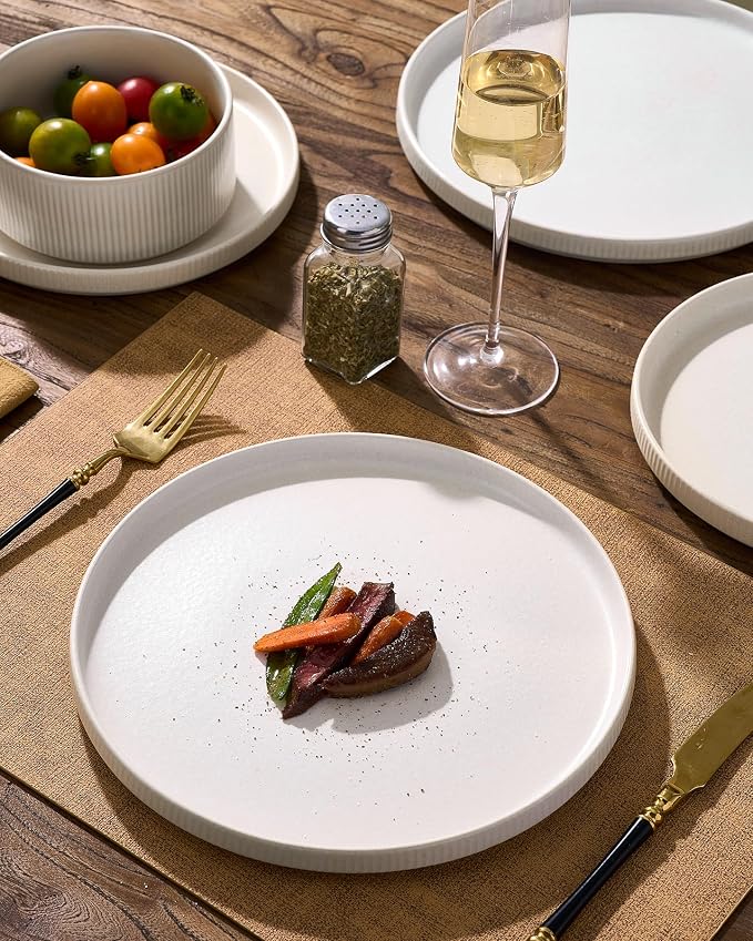 Ceramic Dinnerware Sets for 4, 8-Piece Flat Dinner Plates and Salad Plates | Famiware Premium Stoneware Dishes, Chip & Scratch Resistant, Microwave & Dishwasher Safe, Everyday & Serving Use, Matte White