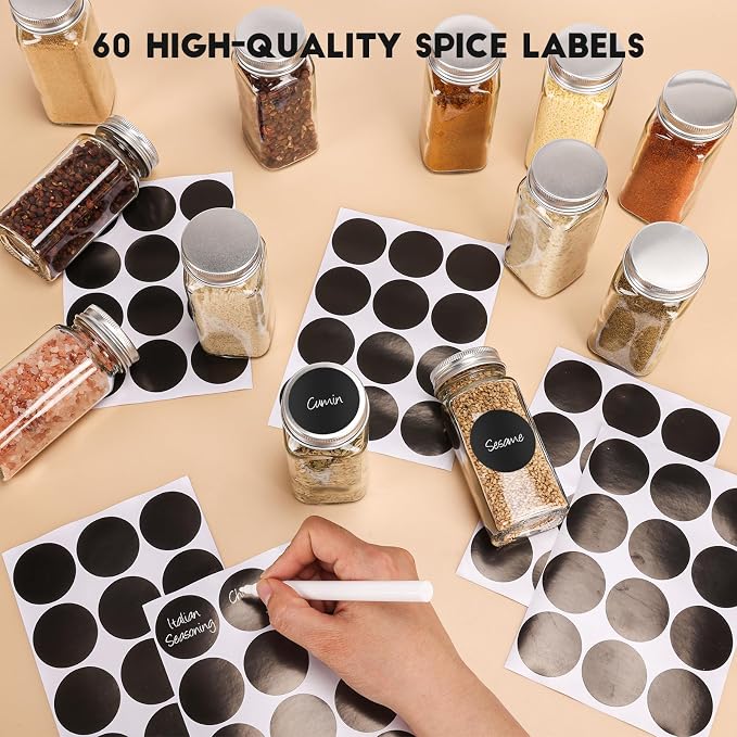 DIDITIME 6Pack Spice Jars with Label, 4oz Empty Square Seasoning Containers | Shaker Lids, DIY Labels| Seasoning, Herbs, Spices Storage| Spice Rack, Cabinet, Drawer | Space-saving, Keep Neat