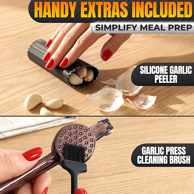 Stainless Steel Garlic Press Set, Peeler & Cleaning Brush, Copper | Ginger Mincer with 37 Built-In Studs for Maximum Extraction, Garlic Crusher for Ginger and Soft Nuts, Ergonomic Handle